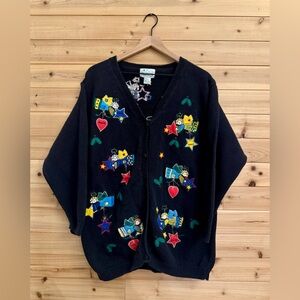 The Quacker Factory XL Button Front Cardigan Angels Heart Stars Love Novelty